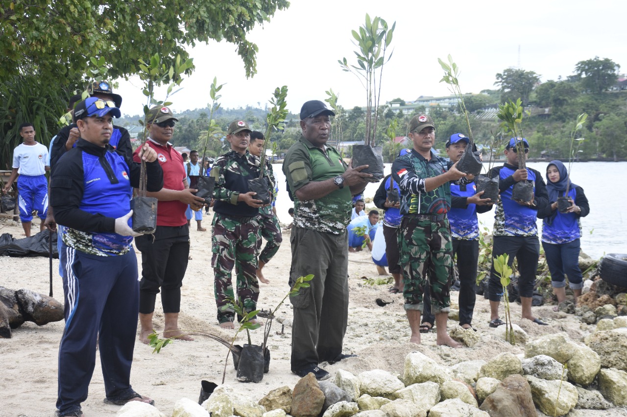Kodam XVIII/Kasuari bersama siswa dari SMA Taruna Kasuari Nusantara lestarikan lingkungan dengan menanam bibit tanaman Mangrove