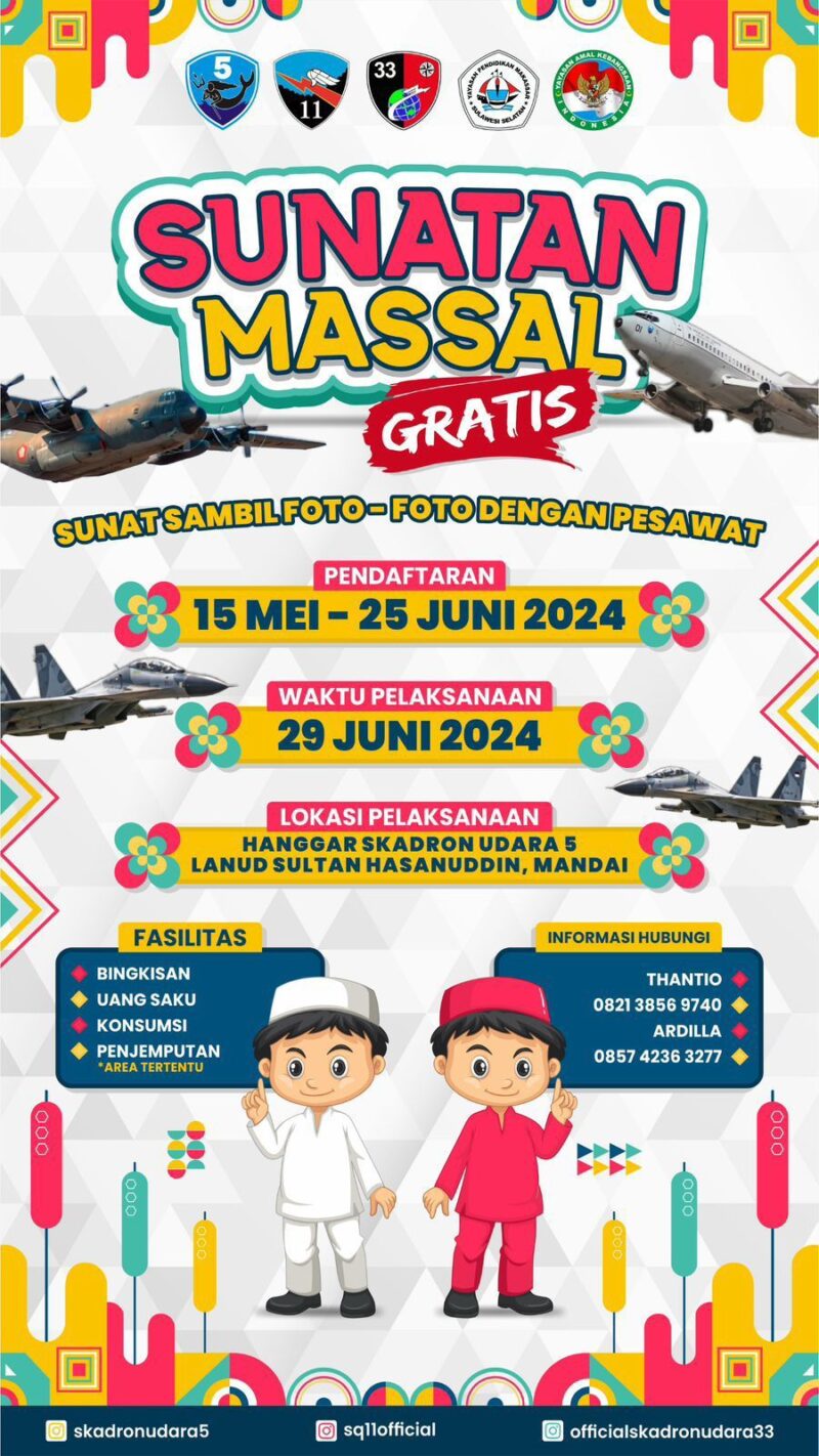 Skadron Udara 5 dan Skadron Udara 33, Lanud Sultan Hasanuddin Makassar akan menggelar acara Khitanan massal dengan target 1.000 anak-anak
