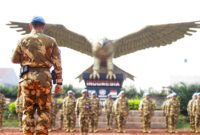 Satuan Tugas kompi Zeni TNI Kontingen Garuda XXXVII-J Minusca melaksanakan upacara di lapangan Garuda Indonesian Engineering Company
