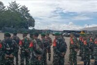 Satuan TNI Garnisun Mimika menggelar apel gelar pasukan pengamanan di Hanggar Airfast Bandara Mozes Kilangin Timika