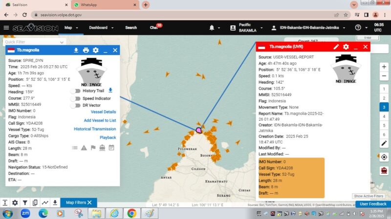 Bakamla RI melalui KN Tanjung Datu-301 bergerak cepat merespons laporan dari Vessel Traffic Service (VTS) Merak terkait kondisi darurat