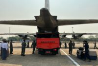 Pesawat TNI AU Hercules C-130 dari Skadron Udara 33 Lanud Sultan Hasanuddin, yang membawa bantuan kemanusiaan dari pemerintah Indonesia