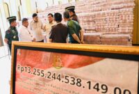 Presiden Republik Indonesia Prabowo Subianto dalam acara penyerahan uang pengganti kerugian negara sebesar Rp 13.255.244.538.149,00