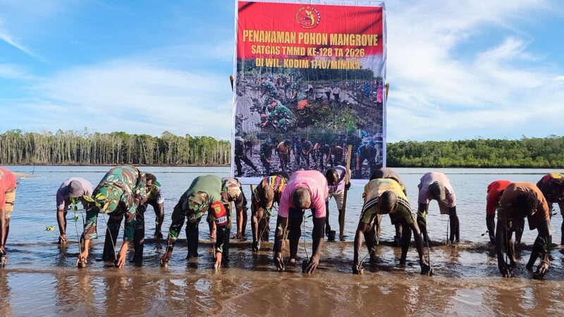 Satgas TMMD ke-128 Kodim 1710/Mimika bersama masyarakat melaksanakan kegiatan penanaman ribuan bibit mangrove