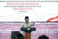 Panglima TNI Jenderal TNI Agus Subiyanto menghadiri penyerahan denda administratif dan penyelamatan keuangan negara serta hasil penguasaan kembali kawasan hutan